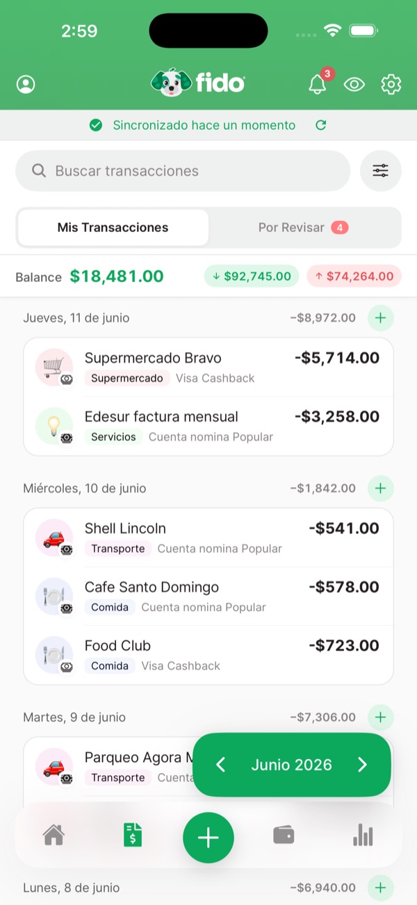 Pantalla de transacciones de Fido con movimientos categorizados